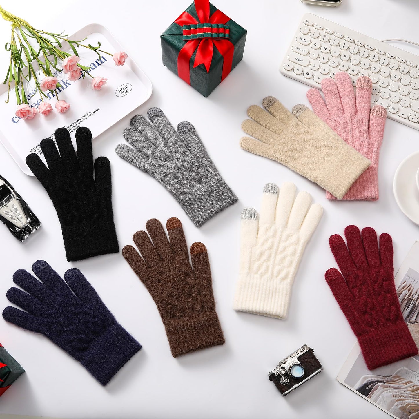 Pleneal 4 Pairs Winter Gloves for Women, Touchscreen Glove Womens Warm Lining Glove, Knitted Gloves for Cold Weather