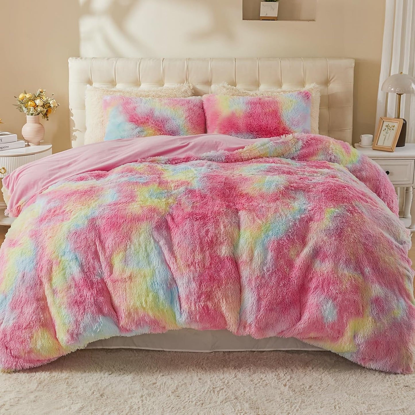 EMME Luxury Khaki Fuzzy Duvet Cover Set Twin Size Fluffy Comforter Cover Set 2 Pieces Shaggy and Plush Soft Bedding Duvet Covers (Tie Dye Khaki, Twin)