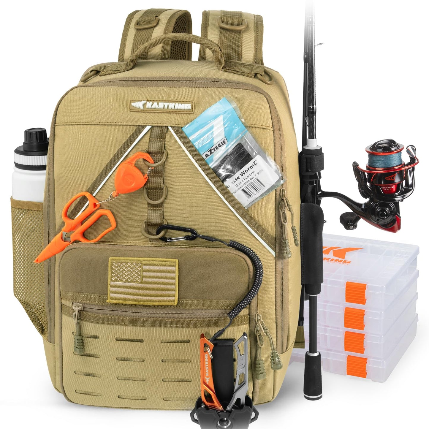 KastKing KarryAll Fishing Tackle Backpack with Rod Holder 4 Tackle Boxes,40/26L Tackle Bag Storage Fishing Gear and Equipment
