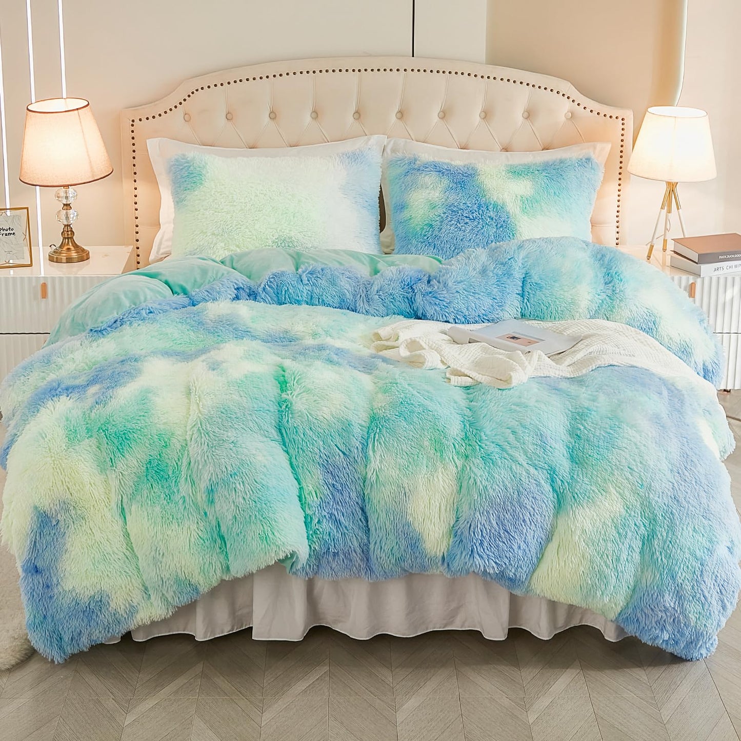 EMME Luxury Khaki Fuzzy Duvet Cover Set Twin Size Fluffy Comforter Cover Set 2 Pieces Shaggy and Plush Soft Bedding Duvet Covers (Tie Dye Khaki, Twin)