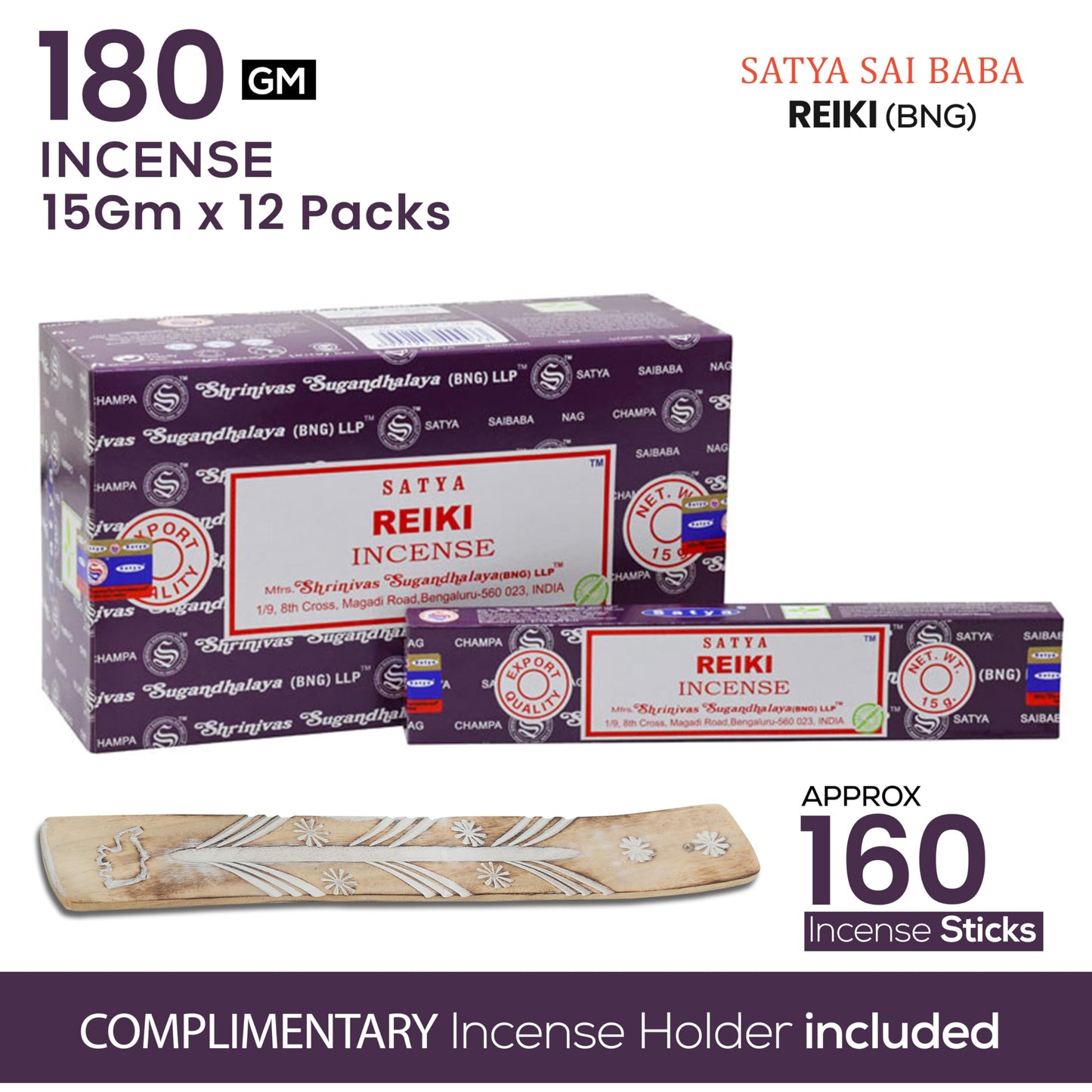 Satya Divine Blessings Incense Sticks, Satya Bng (Bangalore) Insenses 15gmx12 Pack with Raajsee Incense Holder Bundle, Satya Nagchampa Natural Incense