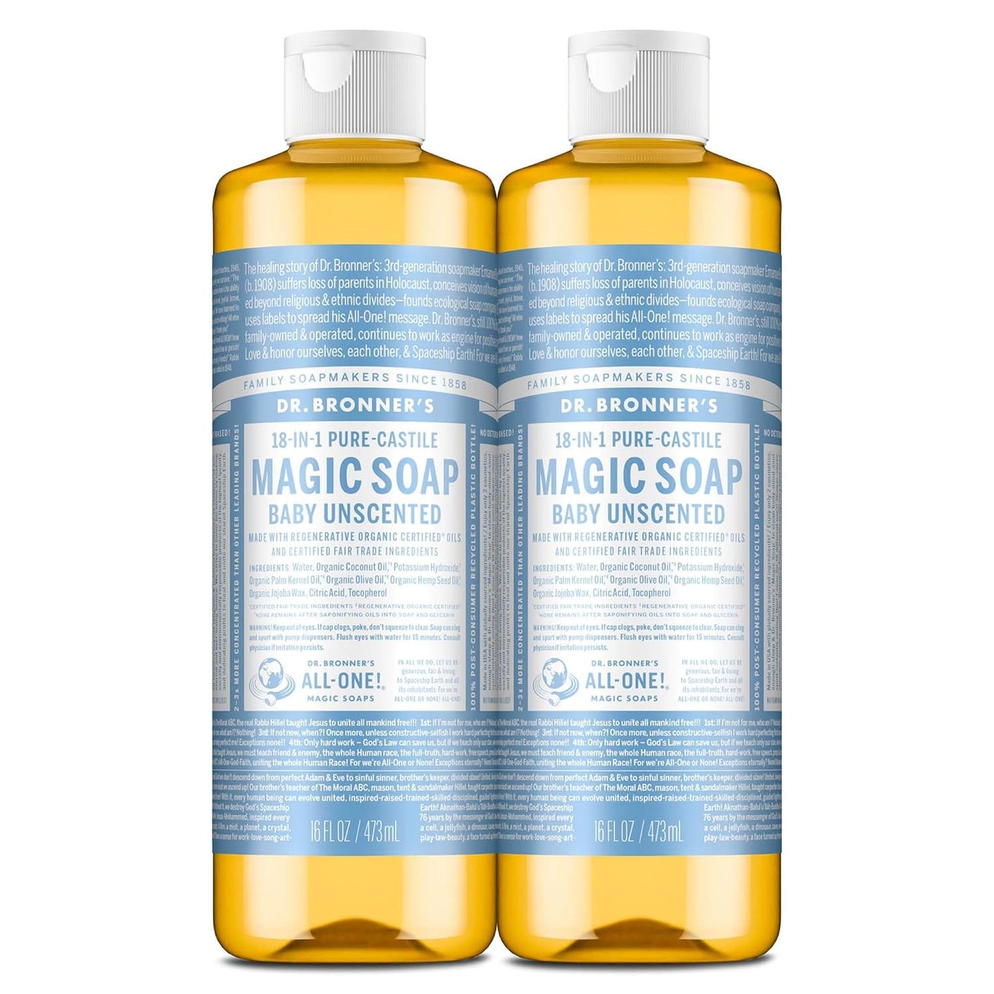 Dr. Bronner's Pure-Castile Magic Liquid Soap - Made with Regenerative Organic Certified Oils - 18-in-1 Uses for Face, Body, Hand Gentle on Baby & Sensitive Skin Body Wash Unscented,32oz