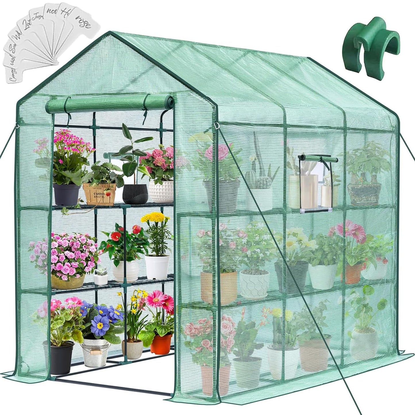 Greengro Greenhouse, 57 x 57 x 76'' Greenhouses for Outdoors, Durable Green House Kit with Window, Thicken PE Cover, 3 Tiers 8 Shelves, Heavy Duty Walk in Green Houses for Indoor Backyard Outside