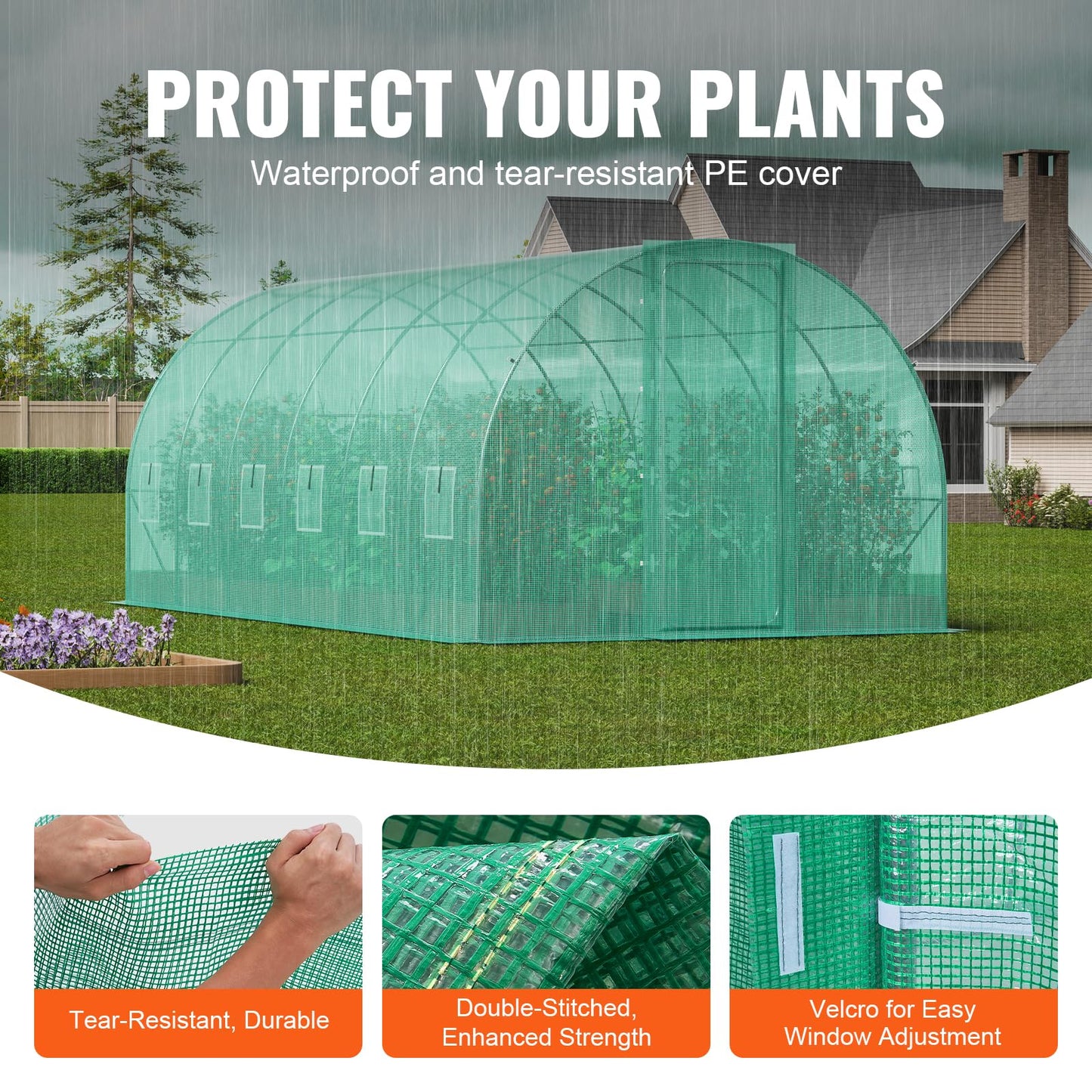 VEVOR Walk-in Tunnel Greenhouse, 9.6x6.4x6.2 ft Hoop House Greenhouse Tunnel, Plant Hot House with Galvanized Steel Frame, White PE Cover, Roll-up Zipper Door and 6 Windows for Outdoor