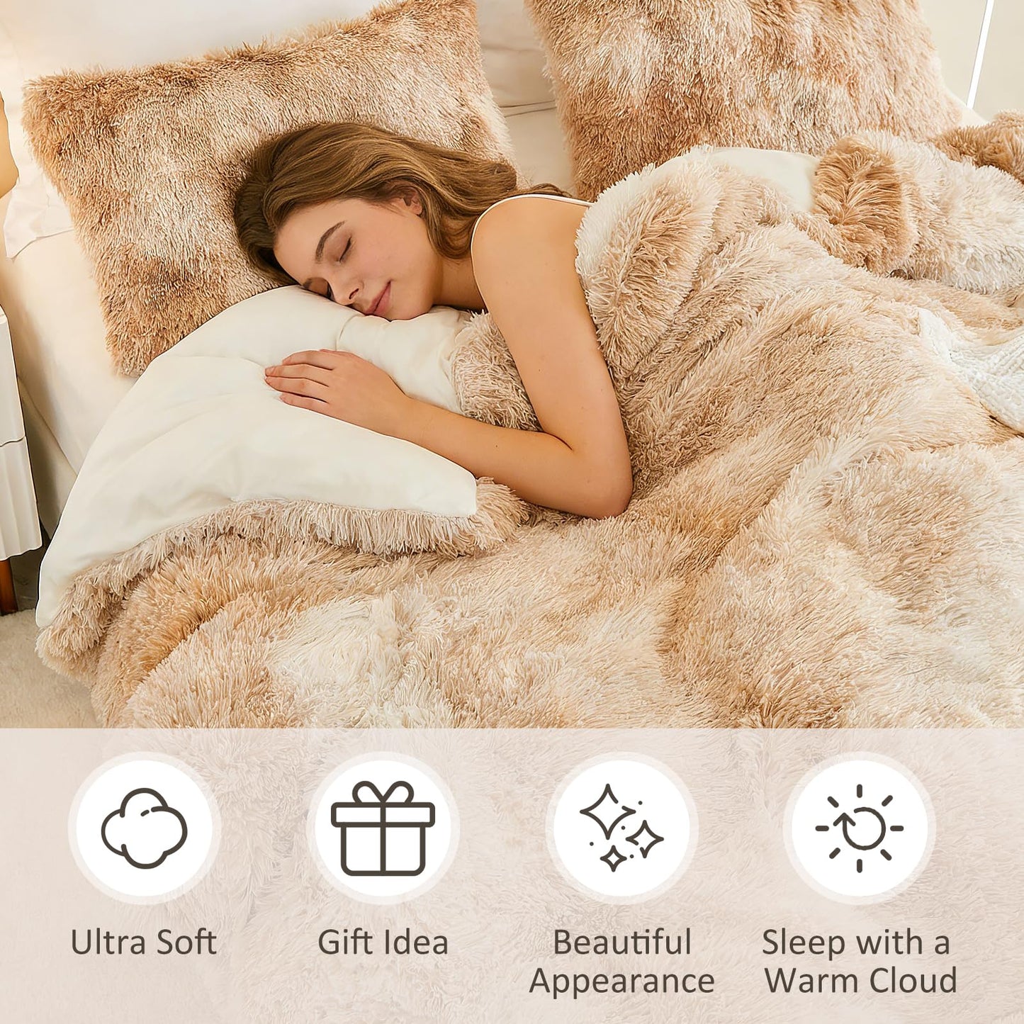 EMME Luxury Khaki Fuzzy Duvet Cover Set Twin Size Fluffy Comforter Cover Set 2 Pieces Shaggy and Plush Soft Bedding Duvet Covers (Tie Dye Khaki, Twin)