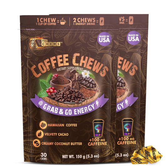 YouChews Coffee Chews - Grab & Go Energy with 100mg per Chew of Clean, Green Caffeine. With Real Organic Ingredients, Low Sugar, Great Bold Taste & Long Lasting Energy Boost (30 Chews Pack)