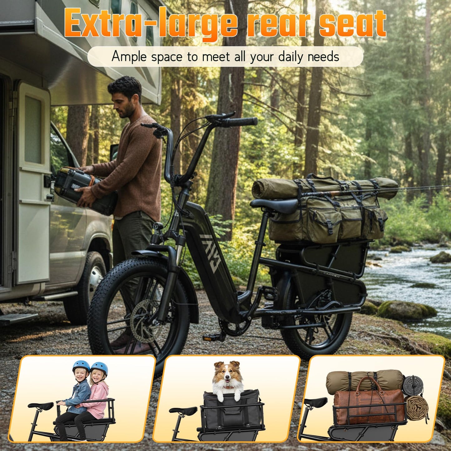 TST Electric Bike for Adults 1500W Peak Motor Cargo EBike 60 Miles 28MPH 20" Fat Tire Ebikes 48V 15Ah Removable Battery Electric Bicycle Rear Rack with Basket,UL 2849 Certification