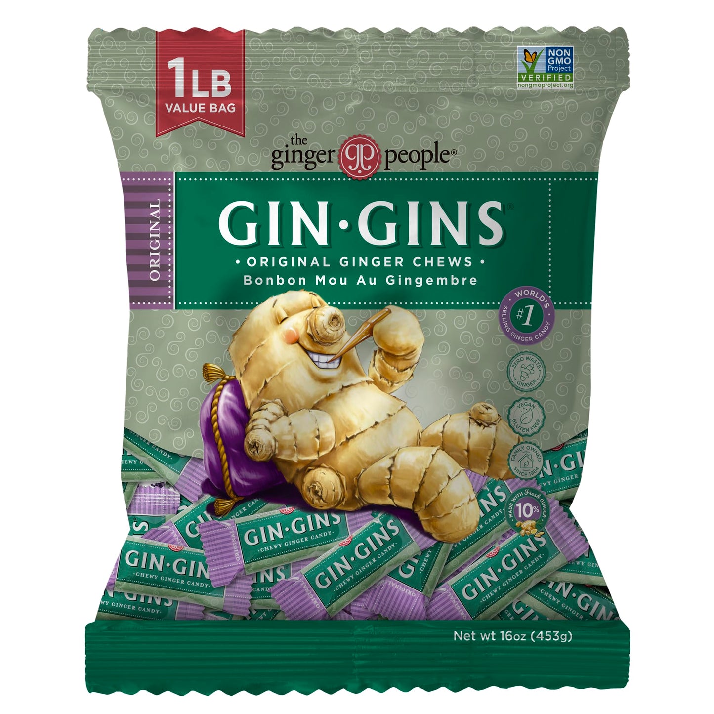 GIN GINS Spicy Apple Ginger Chews – Natural Fresh Ginger Candy by The Ginger People – Individually Wrapped Healthy Candy – Spicy Apple Ginger Flavor – Large 1 lb Bag (16oz) – Pack of 1