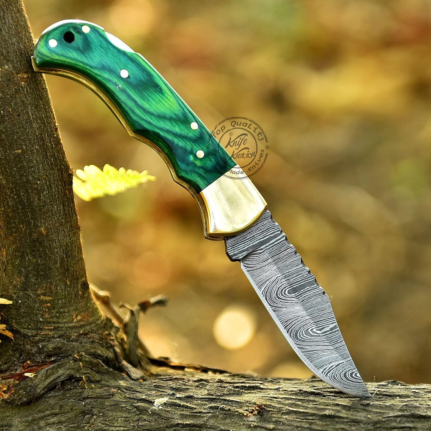 Green Wood 6.5'' 100% Handmade Damascus Steel Folding Pocket Knife, Hunting Knife, Outdoor Survival Hunting Accessories, Gifts for Men, Boyfriend, Dad, Father’s Day Gift, 100% Prime Quality