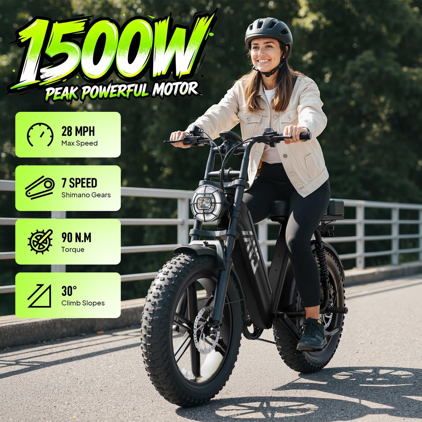 TST Electric Bike for Adults, 1500W Peak Motor Ebike with 48V 15Ah Built-in Battery, 60 Miles Range 28 MPH Electric Bike, 20" Fat Tire E Bike with Rear Seat, Footrest