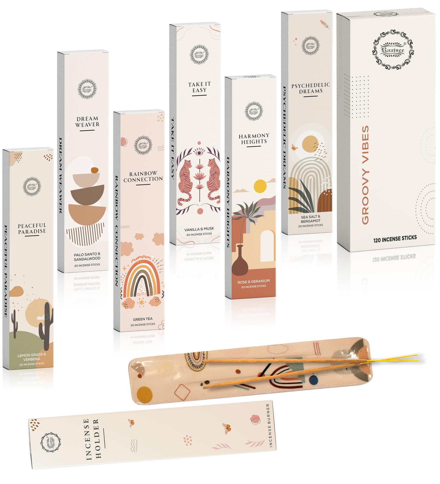 Raajsee Natural Incense Sticks with Insence Holder- Pack of 6 Organic Inscent -120 Insense Sticks, Non Toxic Clean Burning, Boho Gift Set, Sage,Apple Pumpkin,Coconut, Coffee,Rosemary Patchouli