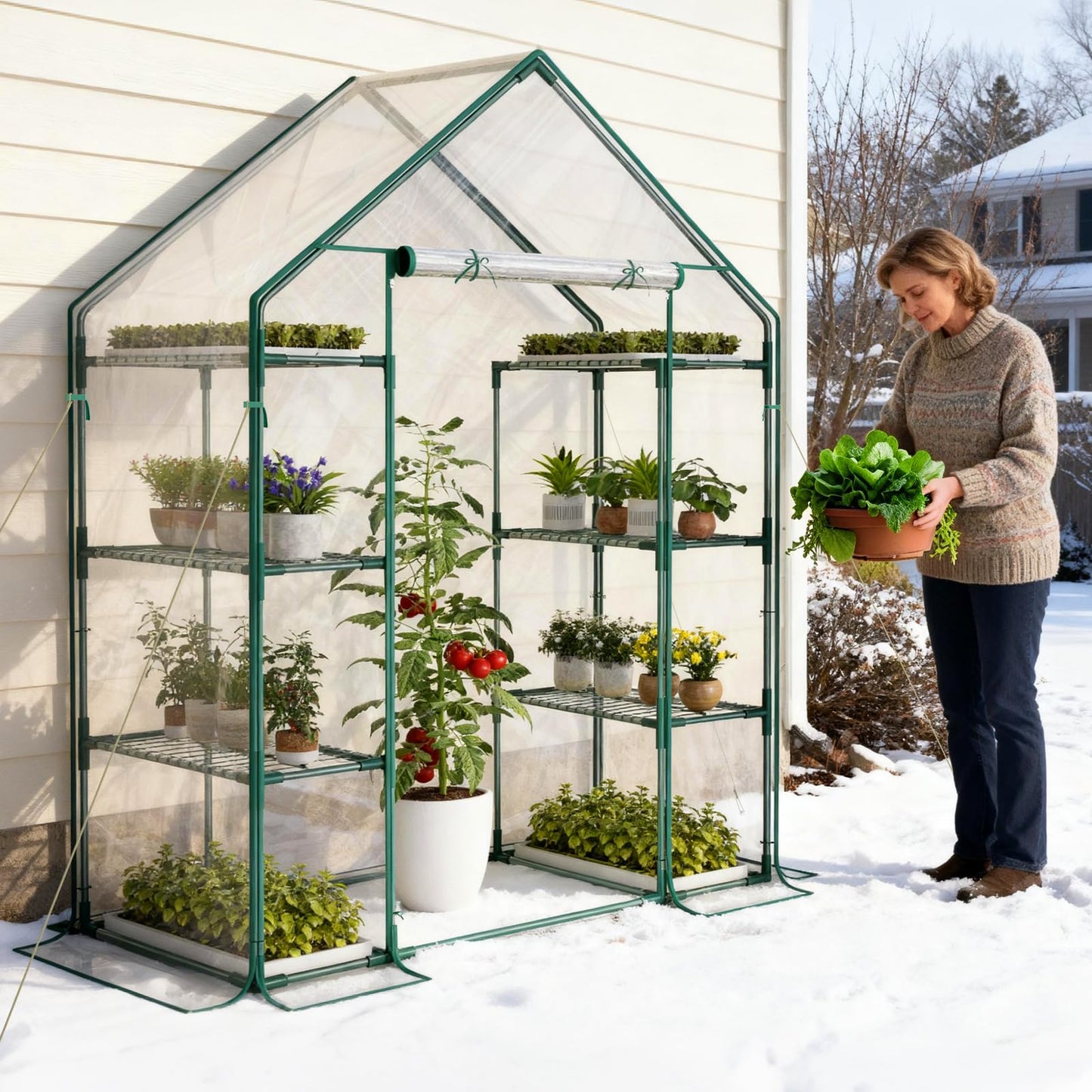 Indoor Greenhouse with Grow Light, 4-Tier Mini Greenhouse 56.3"x28.7"x76.8" Small Greenhouse with Zippered PVC Cover for Seed Starting Trays, Dimmable Plant Light for Indoor Plants with Timer