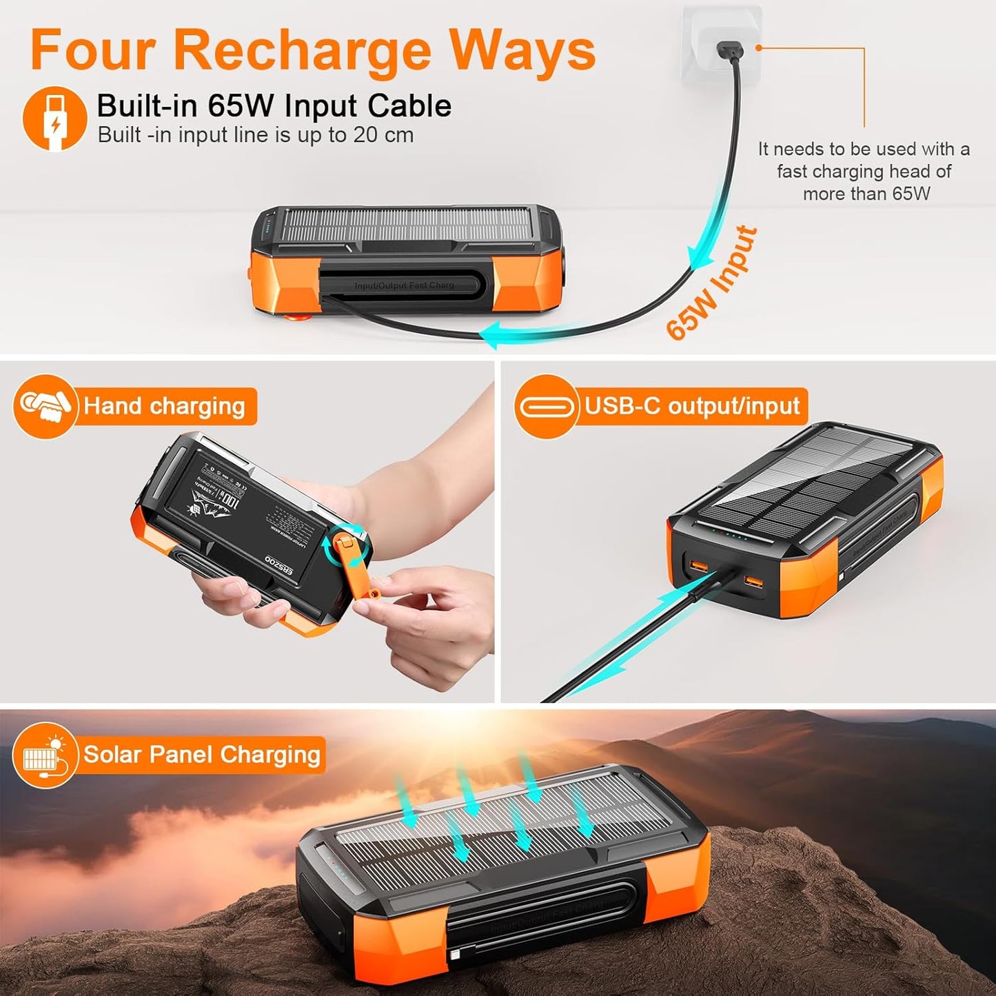 Solar Charger Power Bank 73200mAh, Portable Laptop Charger with 100W USB-C in/Output, Built-in Cables, Hand Crank Power Bank for Mobile Phones, Ideal for Outdoor Use with SOS/Strobe/Strong (orange)
