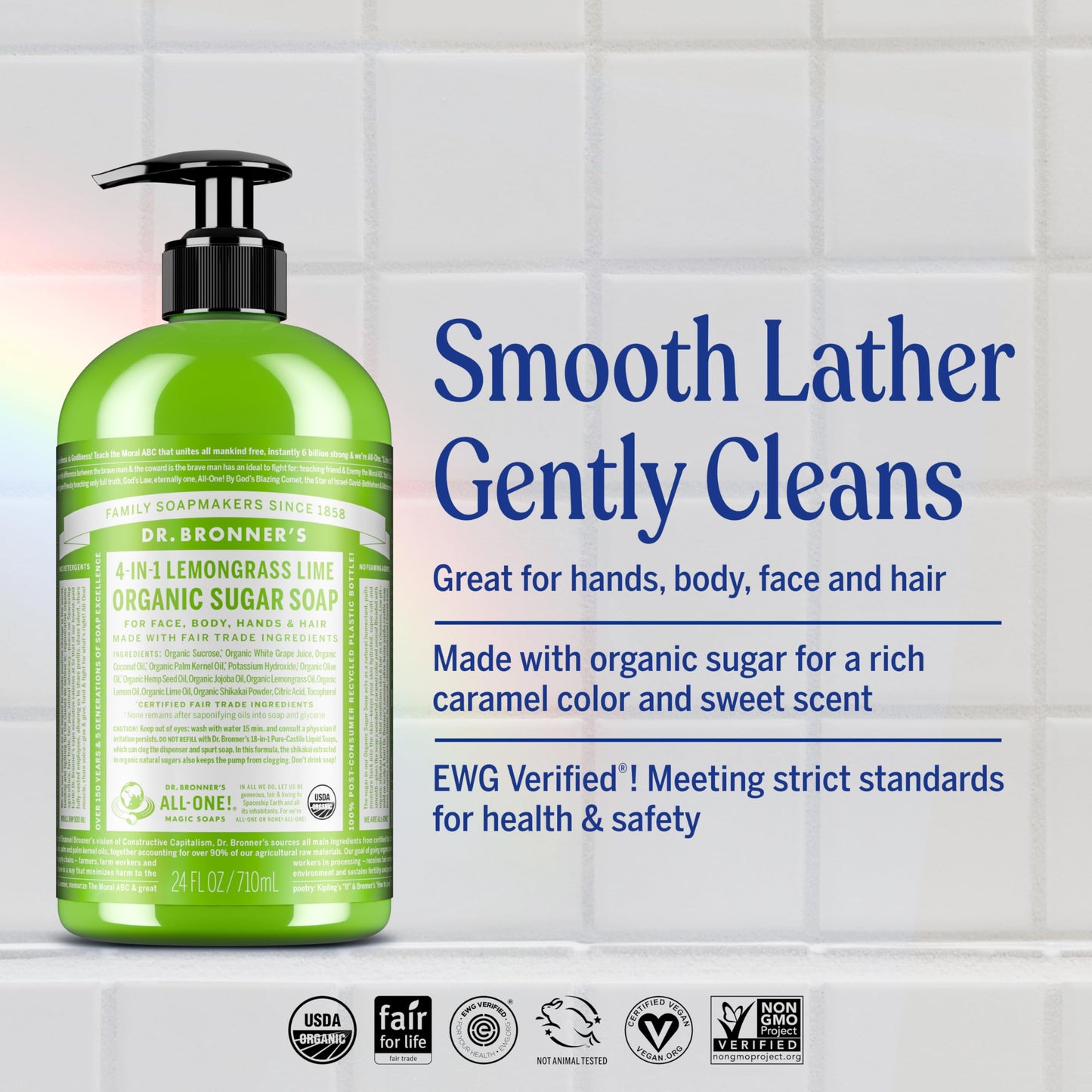 Dr. Bronner's - Organic Sugar Soap (Lemongrass, 24 Ounce) - Made with Organic Oils, Sugar and Shikakai Powder, 4-in-1 Uses: Hands, Body, Face and Hair, Cleanses, Moisturizes and Nourishes, Vegan