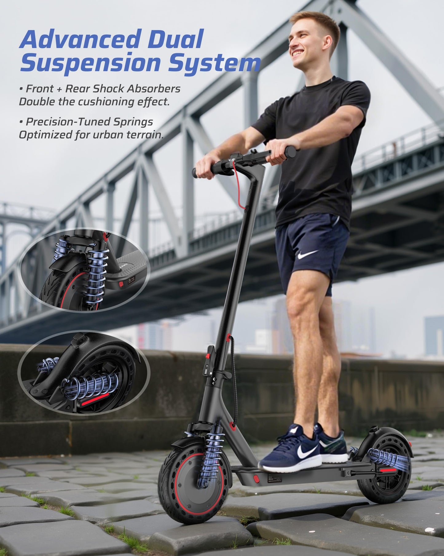 Electric Scooter for Adults, 350W/500W Motor, 16-22 Miles Range, 8.5"/10" Solid Tires, Dual Braking & Suspension, Folding Portable Commuting E-Scooter with App