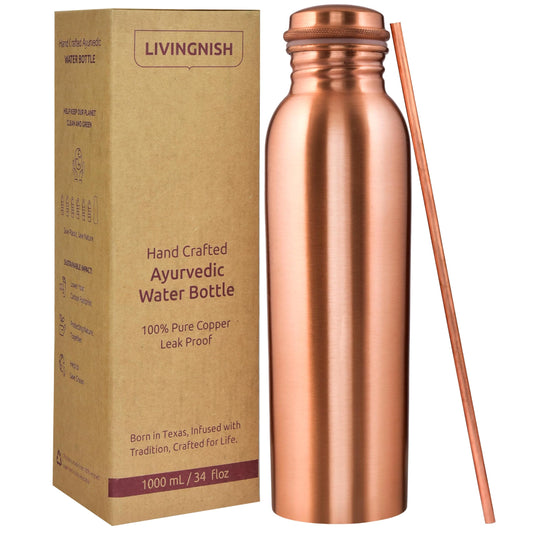 100% Pure Copper Water Bottle for Drinking – Extra Large 34 Oz Wide Mouth, Hammered Ayurvedic Copper Water Bottle with Straw – Handcrafted Leak-Proof Vessel, Reusable & BPA-Free