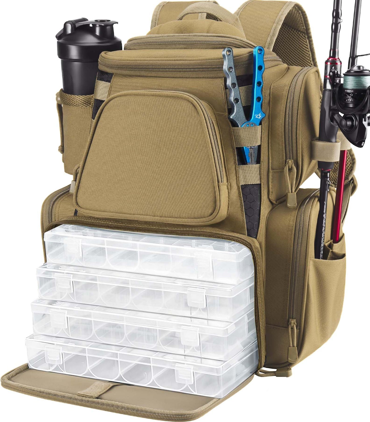 Piscifun Fishing Backpack with 2 Rod Holders & 4 Tackle Boxes, Large Tackle Storage Bag With Rain Cover for Fishing Gear