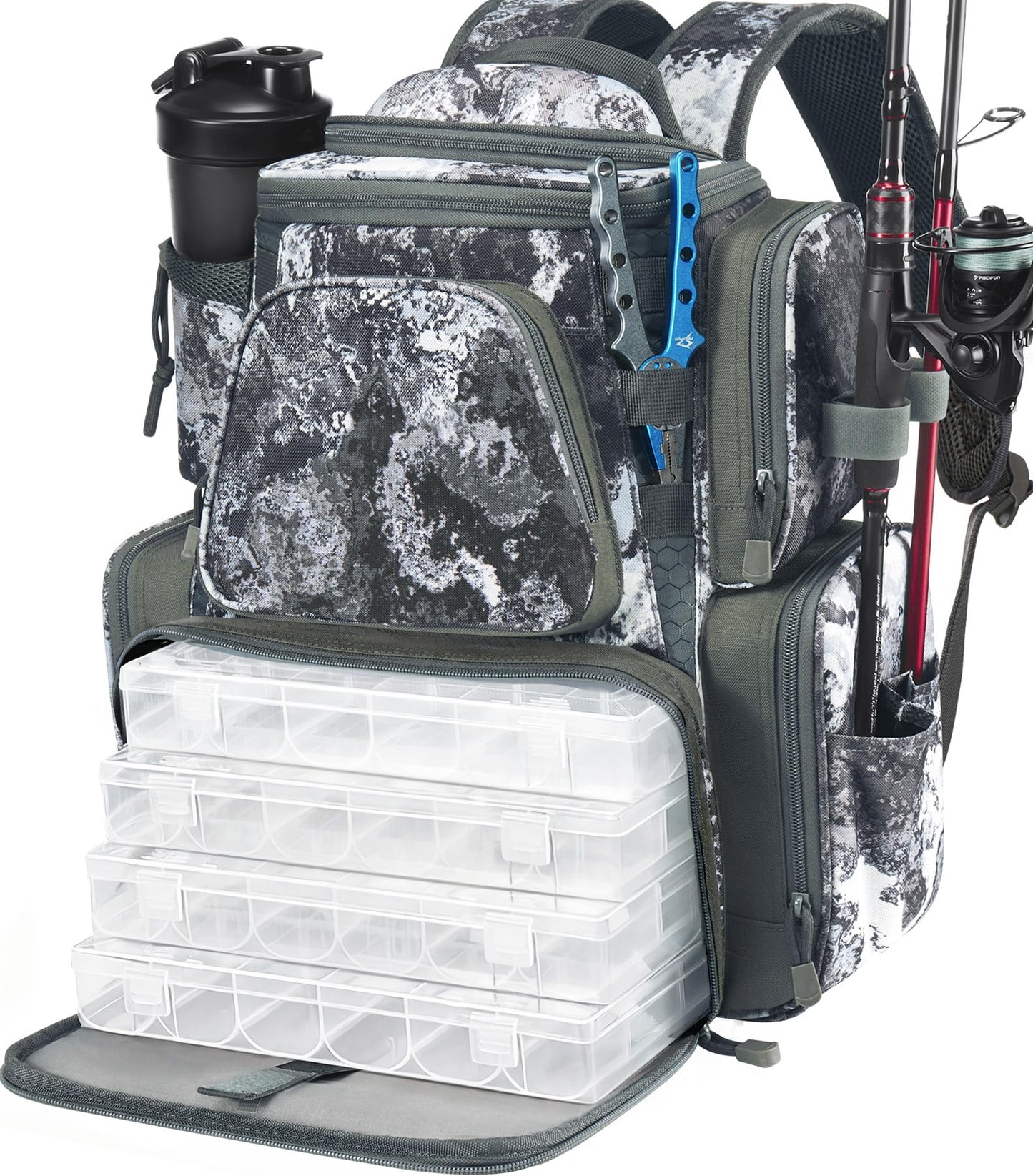 Piscifun Fishing Backpack with 2 Rod Holders & 4 Tackle Boxes, Large Tackle Storage Bag With Rain Cover for Fishing Gear