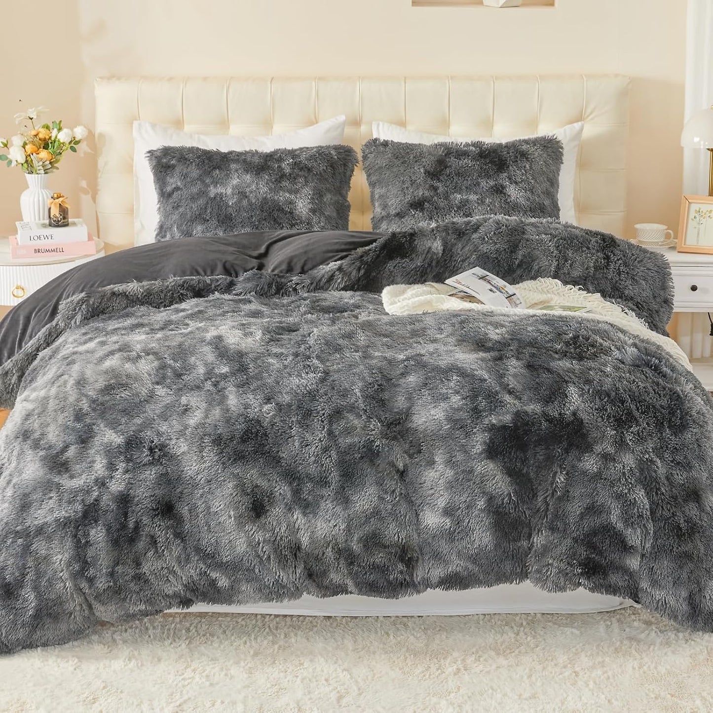 EMME Luxury Khaki Fuzzy Duvet Cover Set Twin Size Fluffy Comforter Cover Set 2 Pieces Shaggy and Plush Soft Bedding Duvet Covers (Tie Dye Khaki, Twin)