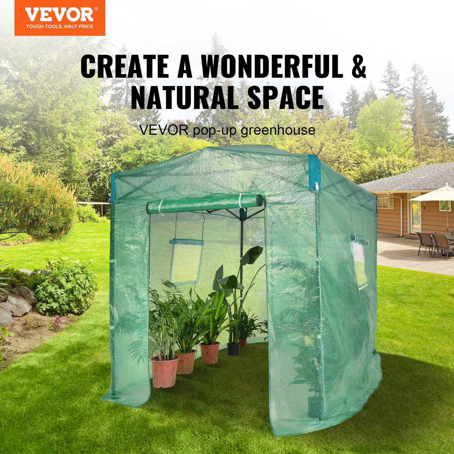 VEVOR Walk-in Tunnel Greenhouse, 9.6x6.4x6.2 ft Hoop House Greenhouse Tunnel, Plant Hot House with Galvanized Steel Frame, White PE Cover, Roll-up Zipper Door and 6 Windows for Outdoor