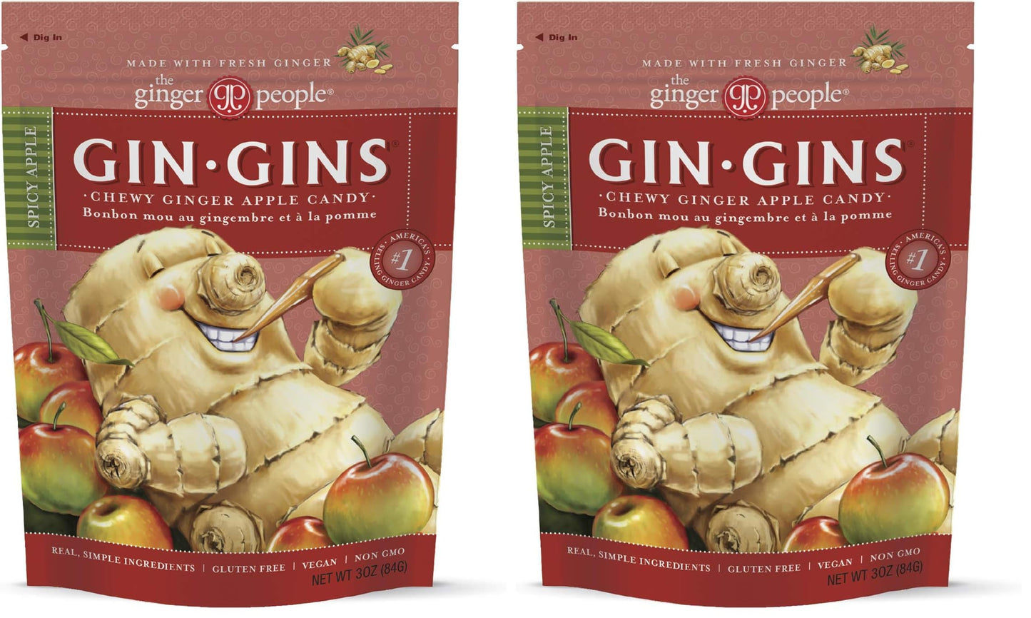 GIN GINS Ginger Chews – Natural Fresh Ginger Candy by The Ginger People – Individually Wrapped Healthy Candy – Original, Apple, Peanut and Turmeric Flavors – Variety Pack – 4 x 3oz bag each flavor (Pack of 4 bags)