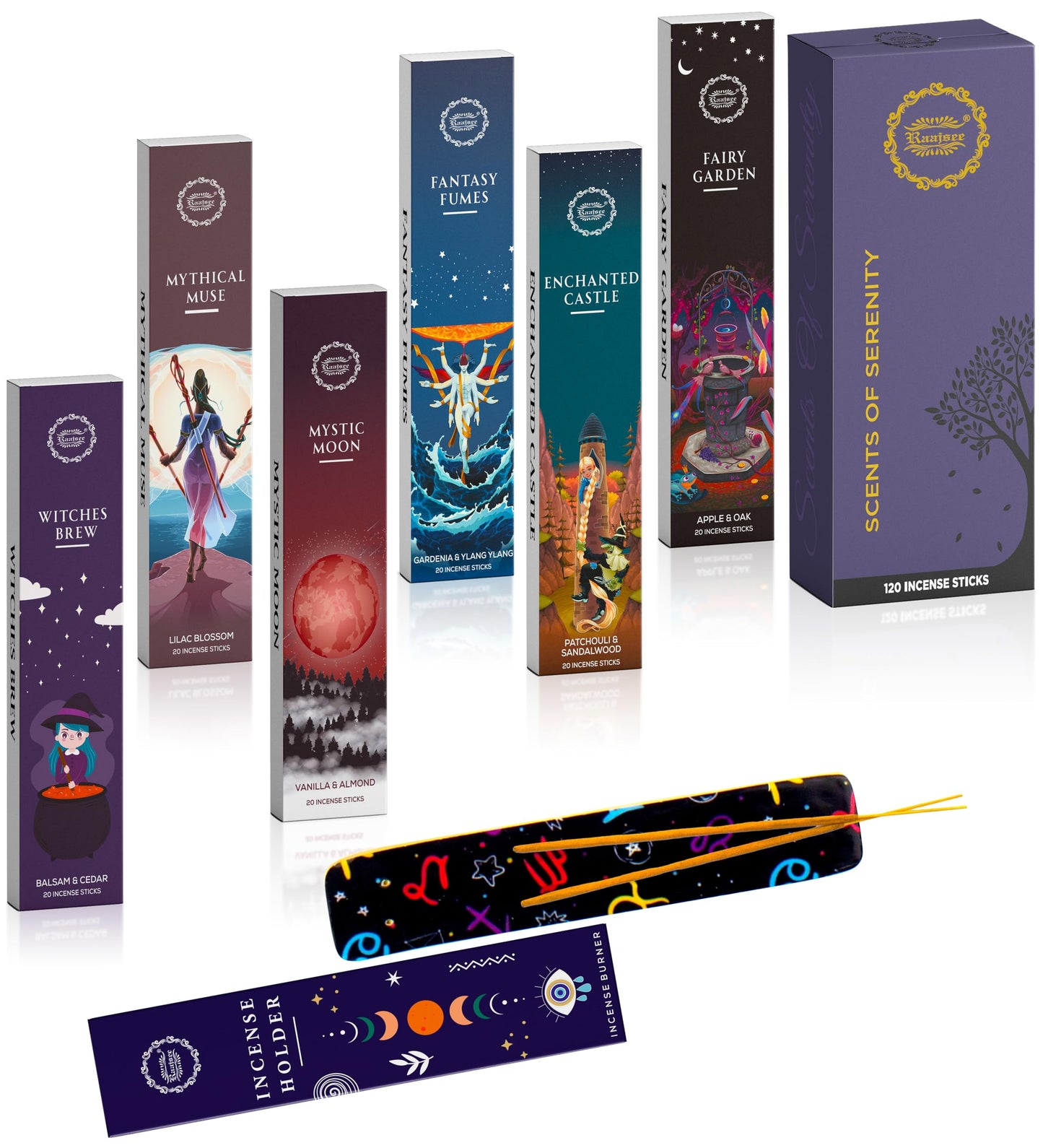 Raajsee Natural Incense Sticks with Insence Holder- Pack of 6 Organic Inscent -120 Insense Sticks, Non Toxic Clean Burning, Boho Gift Set, Sage,Apple Pumpkin,Coconut, Coffee,Rosemary Patchouli