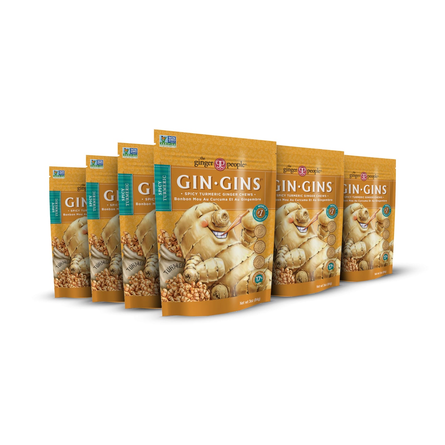 GIN GINS Ginger Chews – Natural Fresh Ginger Candy by The Ginger People – Individually Wrapped Healthy Candy – Original, Apple, Peanut and Turmeric Flavors – Variety Pack – 4 x 3oz bag each flavor (Pack of 4 bags)
