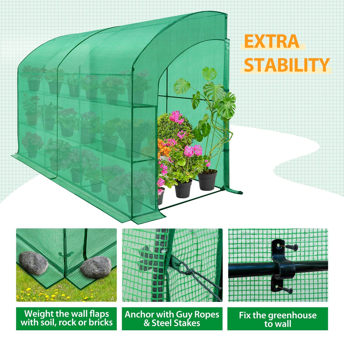 EAGLE PEAK 3 Tier Lean to Portable Greenhouse, Heavy-Duty Indoor & Outdoor Garden with Wire Shelves, 2 Roll-Up Zipper Doors, Easy Assembly, 79"x39"x83" Clear/Green PE Cover