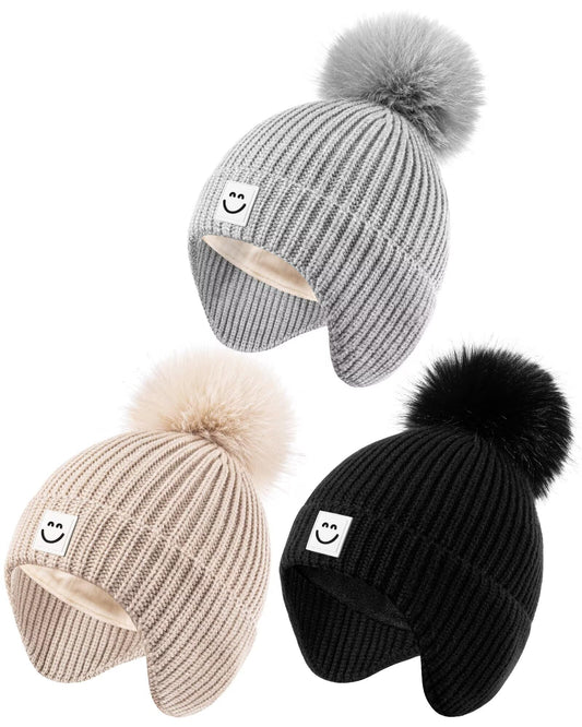 3 Pack Baby Winter Hats with Earflaps, 2 Size Kids Pom Pom Beanie for Infant Toddler Children, Smiley Face Hat for Girls Boys