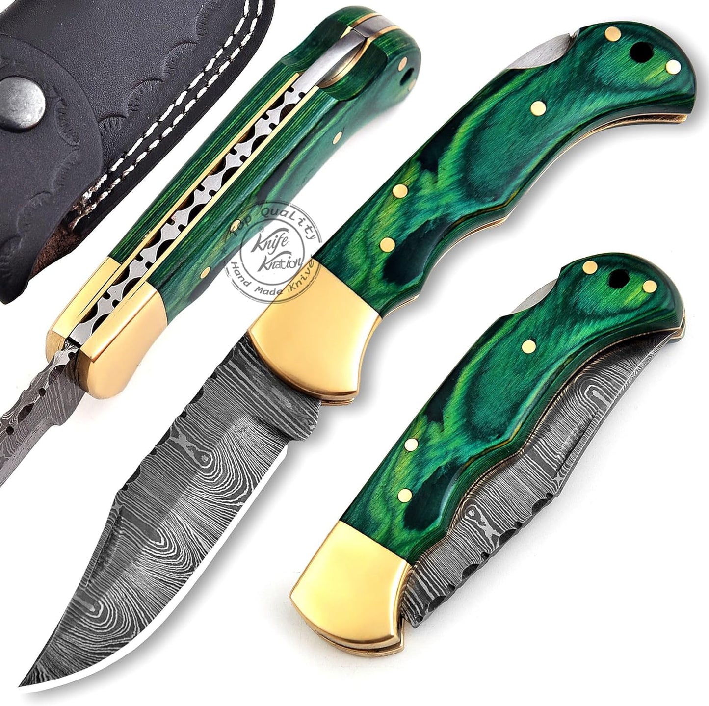 Green Wood 6.5'' 100% Handmade Damascus Steel Folding Pocket Knife, Hunting Knife, Outdoor Survival Hunting Accessories, Gifts for Men, Boyfriend, Dad, Father’s Day Gift, 100% Prime Quality