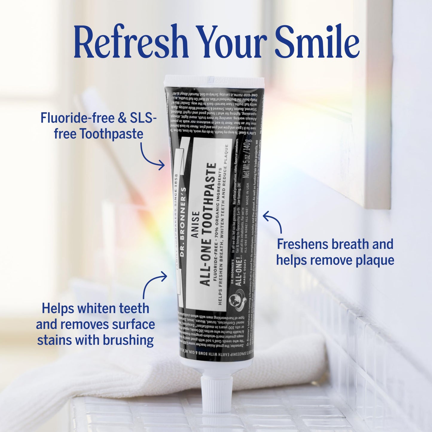 Dr. Bronner’s All-One Toothpaste Pack of 3– Peppermint, 5 oz– Fluoride-Free Toothpaste for Adults, SLS-Free, 70% Organic & Natural Ingredients, Vegan, Helps Freshen Breath & Reduce Plaque