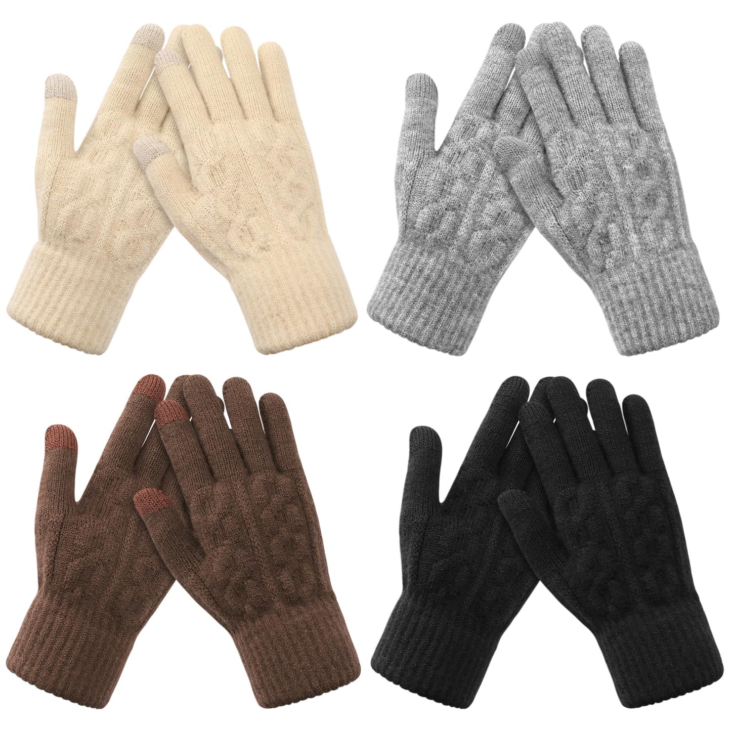 Pleneal 4 Pairs Winter Gloves for Women, Touchscreen Glove Womens Warm Lining Glove, Knitted Gloves for Cold Weather