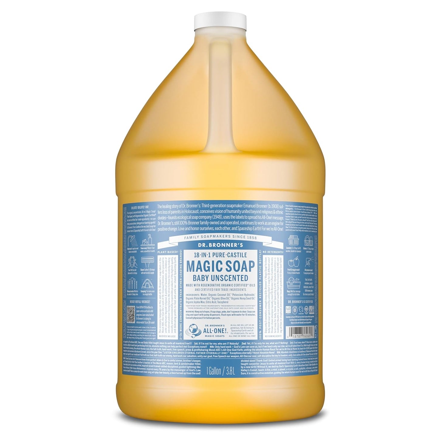 Dr. Bronner's Pure-Castile Magic Liquid Soap - Made with Regenerative Organic Certified Oils - 18-in-1 Uses for Face, Body, Hand Gentle on Baby & Sensitive Skin Body Wash Unscented,32oz