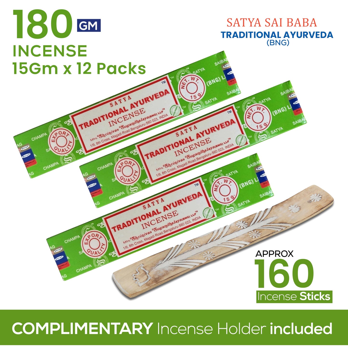 Satya Divine Blessings Incense Sticks, Satya Bng (Bangalore) Insenses 15gmx12 Pack with Raajsee Incense Holder Bundle, Satya Nagchampa Natural Incense