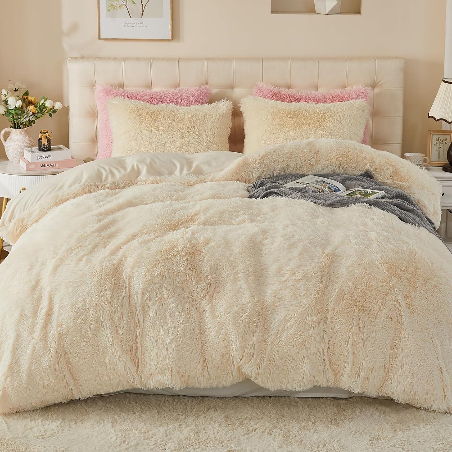 EMME Luxury Khaki Fuzzy Duvet Cover Set Twin Size Fluffy Comforter Cover Set 2 Pieces Shaggy and Plush Soft Bedding Duvet Covers (Tie Dye Khaki, Twin)