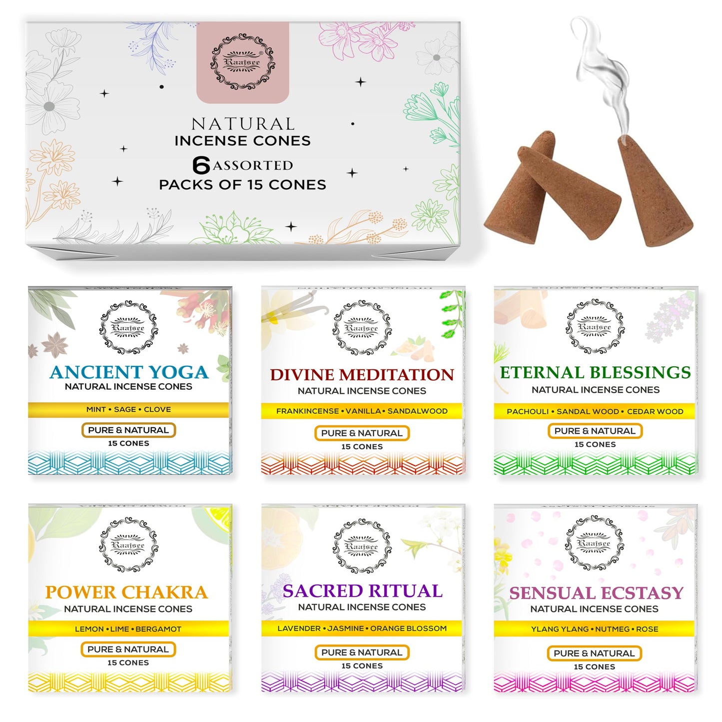 Raajsee Natural Incense Cones,6 Pack Mixed Scents Gift Pack 15 pc Each (90 Total), Insense Cones Variety Pack, 100% Organic Non Toxic Natural - Hand Rolled Free from Chemicals (Pack 1)