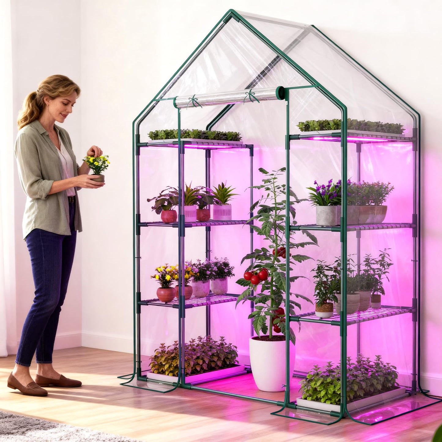 Indoor Greenhouse with Grow Light, 4-Tier Mini Greenhouse 56.3"x28.7"x76.8" Small Greenhouse with Zippered PVC Cover for Seed Starting Trays, Dimmable Plant Light for Indoor Plants with Timer