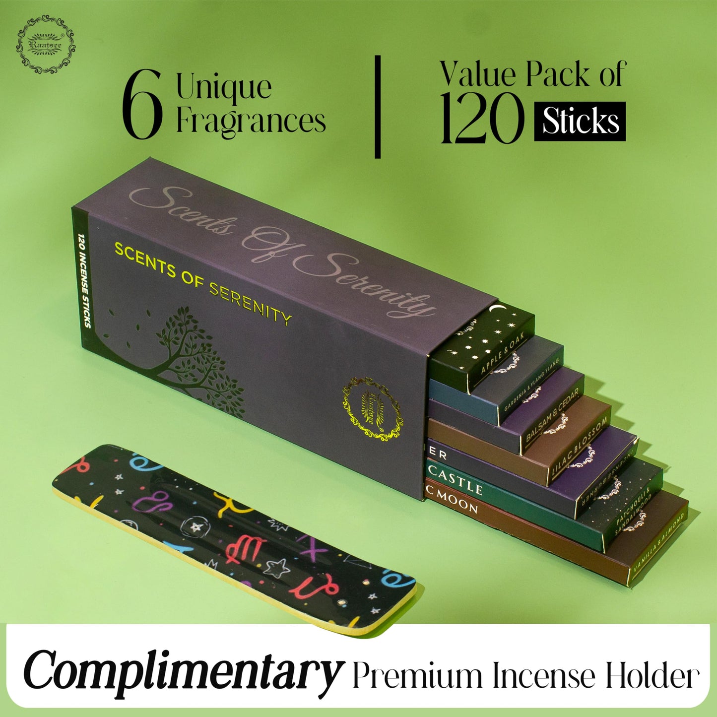 Raajsee Natural Incense Sticks with Insence Holder- Pack of 6 Organic Inscent -120 Insense Sticks, Non Toxic Clean Burning, Boho Gift Set, Sage,Apple Pumpkin,Coconut, Coffee,Rosemary Patchouli