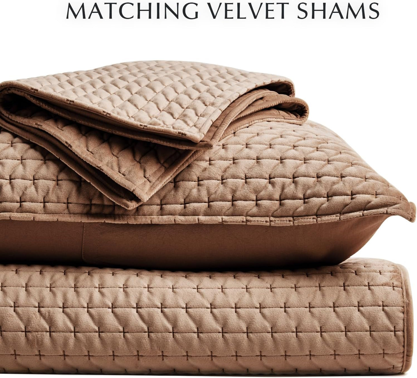 EverGrace Luxury Velvet Quilt Set King Size 3 Piece, Soft Cross-Stitch Velvet Comforter Set with Pillow Shams, Lightweight Coverlet Bedspread Bedding Set for All Seasons, Light Taupe