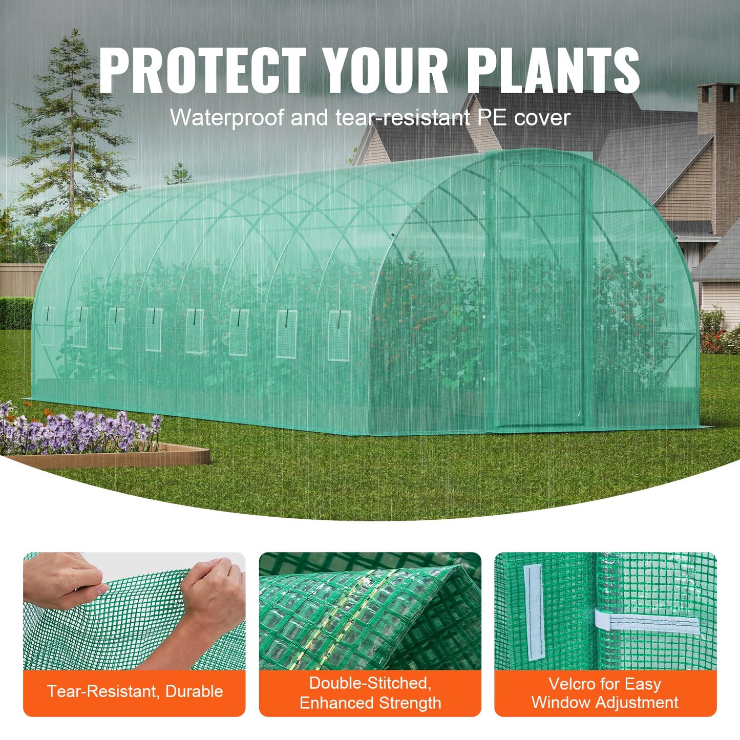 VEVOR Walk-in Tunnel Greenhouse, 9.6x6.4x6.2 ft Hoop House Greenhouse Tunnel, Plant Hot House with Galvanized Steel Frame, White PE Cover, Roll-up Zipper Door and 6 Windows for Outdoor