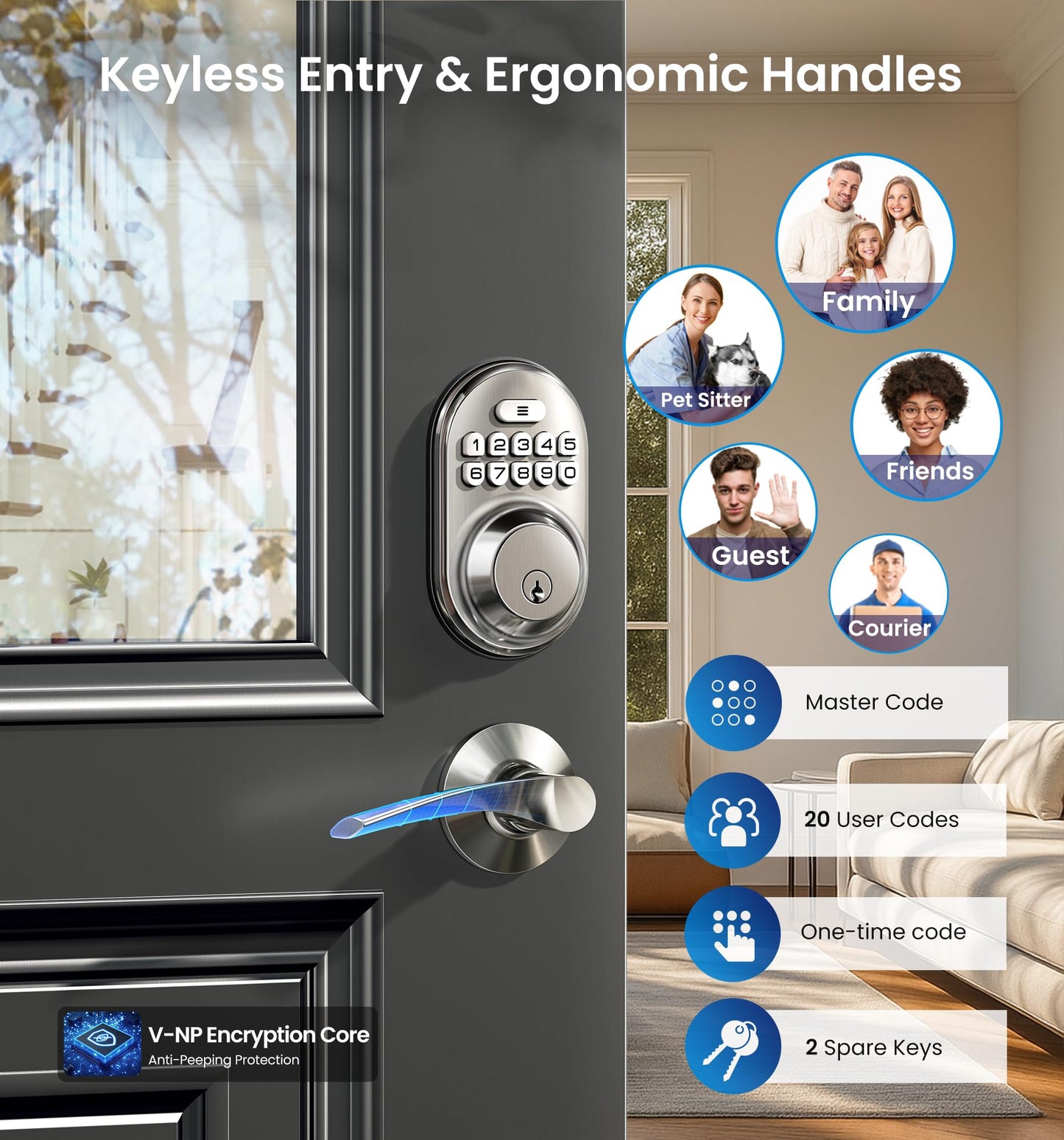 Veise Keyless Entry Door Lock with 2 Lever Handles - Electronic Keypad Deadbolt, Auto Lock, Back Lit & Easy Installation Design, Front Door Handle Sets, Matte Black