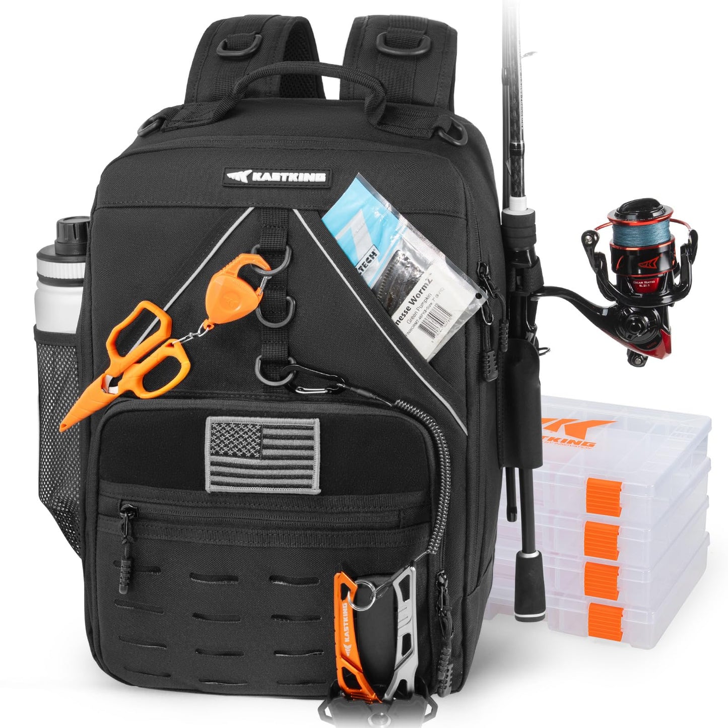 KastKing KarryAll Fishing Tackle Backpack with Rod Holder 4 Tackle Boxes,40/26L Tackle Bag Storage Fishing Gear and Equipment