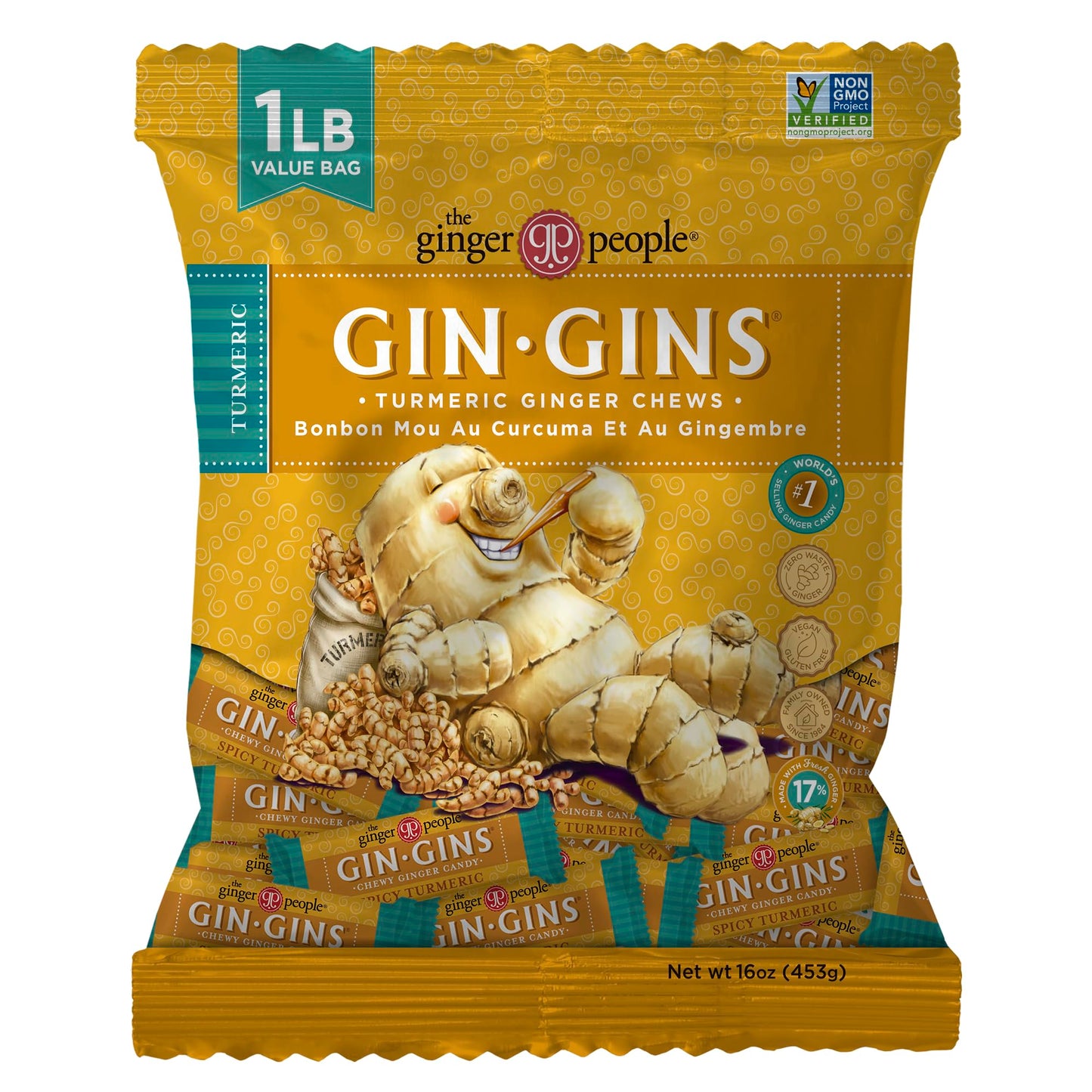 GIN GINS Spicy Apple Ginger Chews – Natural Fresh Ginger Candy by The Ginger People – Individually Wrapped Healthy Candy – Spicy Apple Ginger Flavor – Large 1 lb Bag (16oz) – Pack of 1