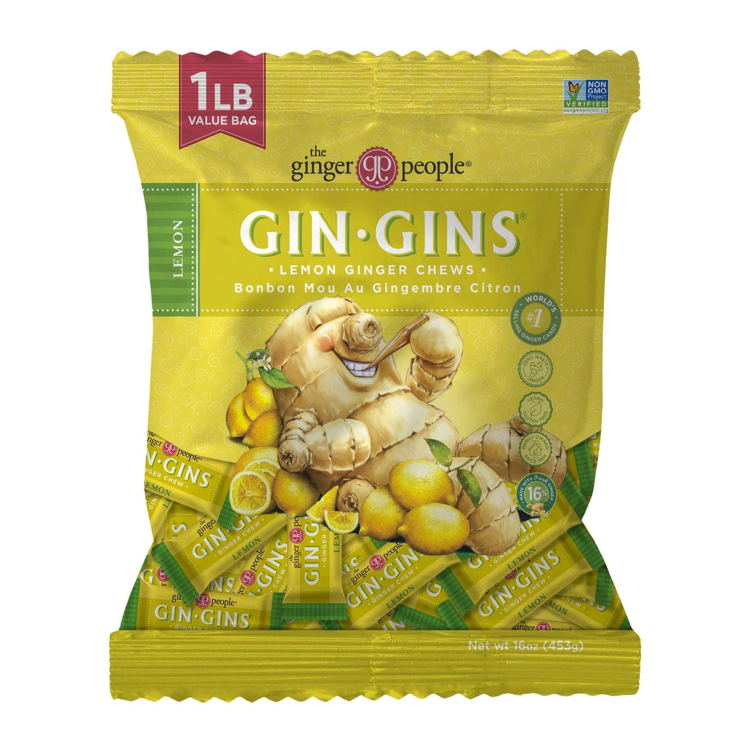 GIN GINS Spicy Apple Ginger Chews – Natural Fresh Ginger Candy by The Ginger People – Individually Wrapped Healthy Candy – Spicy Apple Ginger Flavor – Large 1 lb Bag (16oz) – Pack of 1