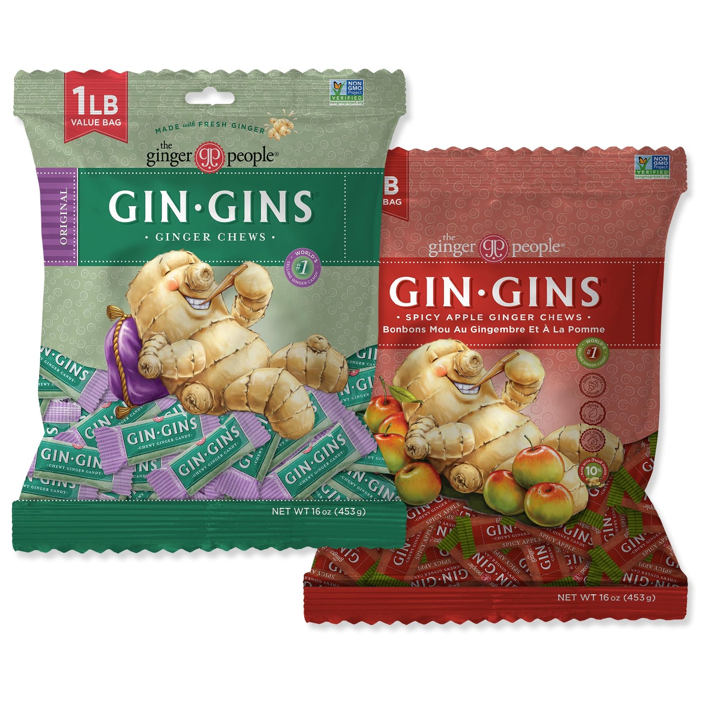 GIN GINS Spicy Apple Ginger Chews – Natural Fresh Ginger Candy by The Ginger People – Individually Wrapped Healthy Candy – Spicy Apple Ginger Flavor – Large 1 lb Bag (16oz) – Pack of 1
