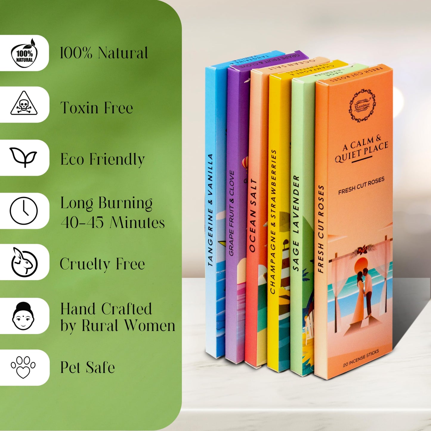 Raajsee Natural Incense Sticks with Insence Holder- Pack of 6 Organic Inscent -120 Insense Sticks, Non Toxic Clean Burning, Boho Gift Set, Sage,Apple Pumpkin,Coconut, Coffee,Rosemary Patchouli