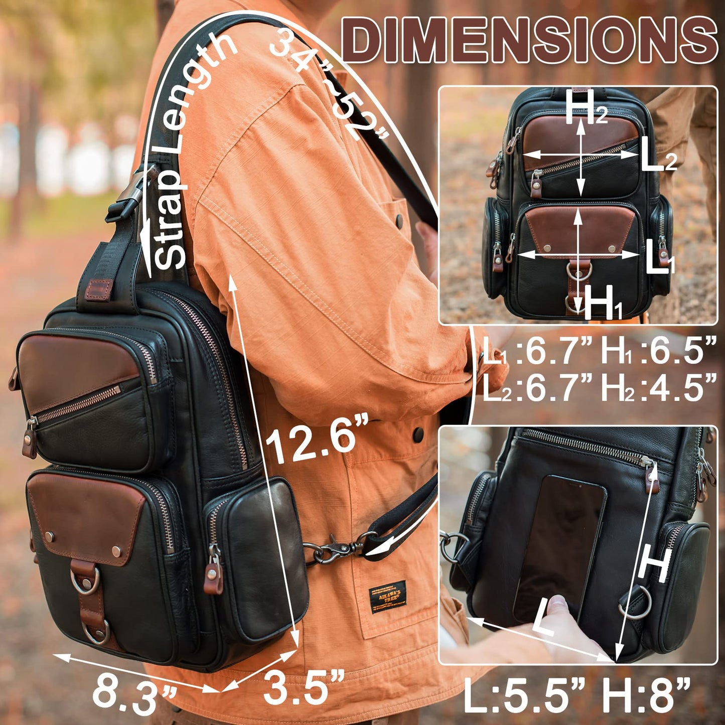 Genuine Leather Sling Bag for Men Large Crossbody Shoulder Bag Casual Sling Backpack Anti-Theft Travel Chest Purse