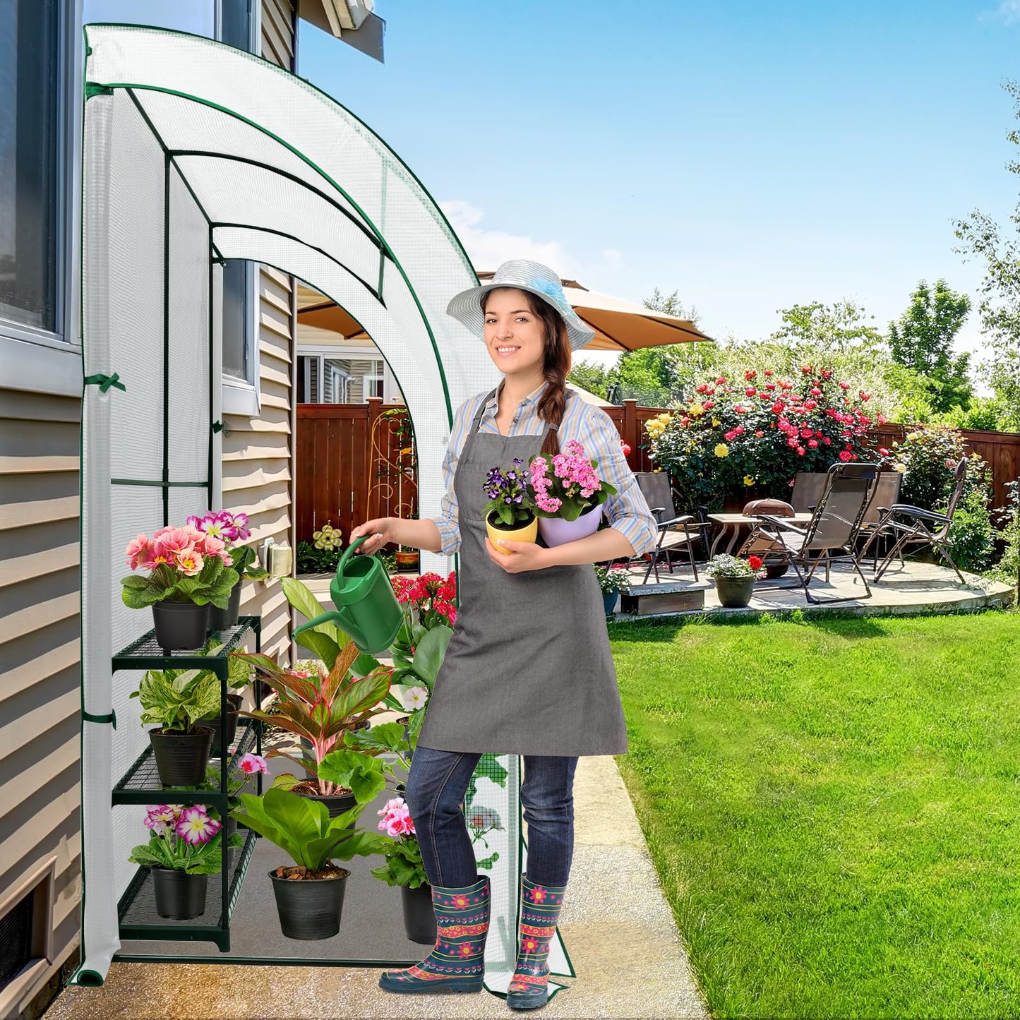 EAGLE PEAK 3 Tier Lean to Portable Greenhouse, Heavy-Duty Indoor & Outdoor Garden with Wire Shelves, 2 Roll-Up Zipper Doors, Easy Assembly, 79"x39"x83" Clear/Green PE Cover