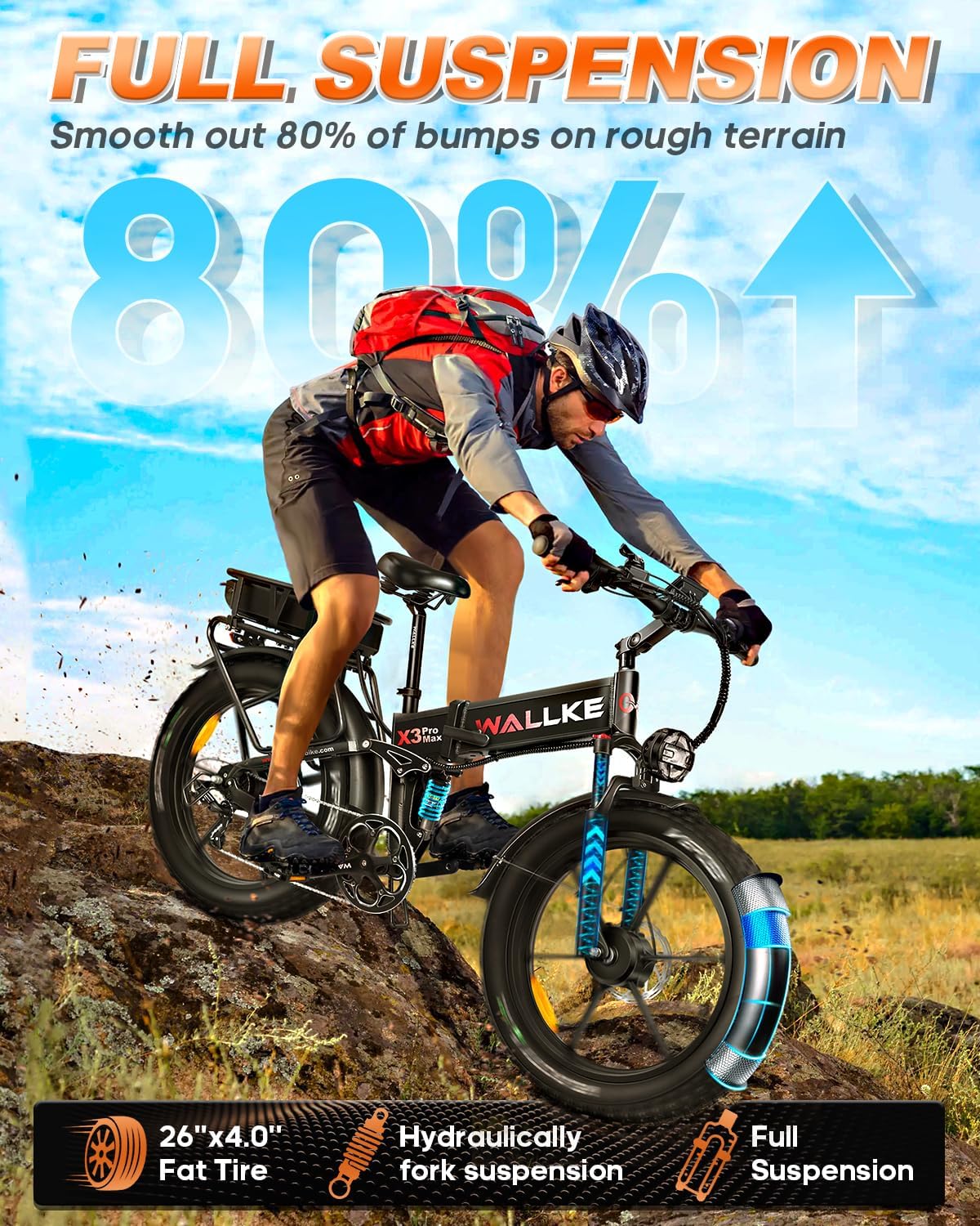 Wallke X3 Pro Max 2800W Dual Motor Electric Bike for Adults, 48V 44Ah Long Range 170 Miles Foldable 26x4 Fat Tire eBike, 35MPH All-Terrain Mountain Bicycle, UL2849 Certified, Full Suspension E Bike
