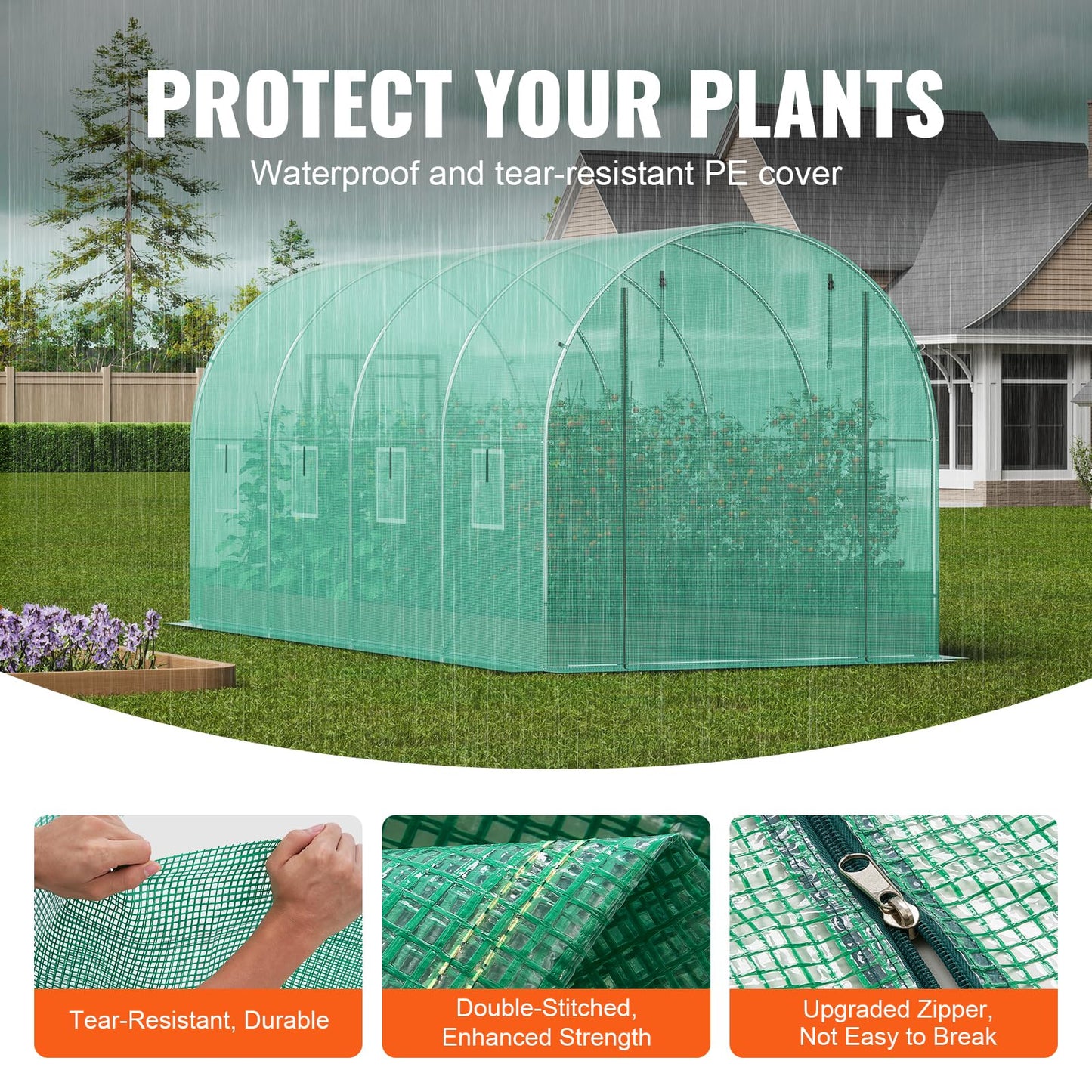 VEVOR Walk-in Tunnel Greenhouse, 9.6x6.4x6.2 ft Hoop House Greenhouse Tunnel, Plant Hot House with Galvanized Steel Frame, White PE Cover, Roll-up Zipper Door and 6 Windows for Outdoor